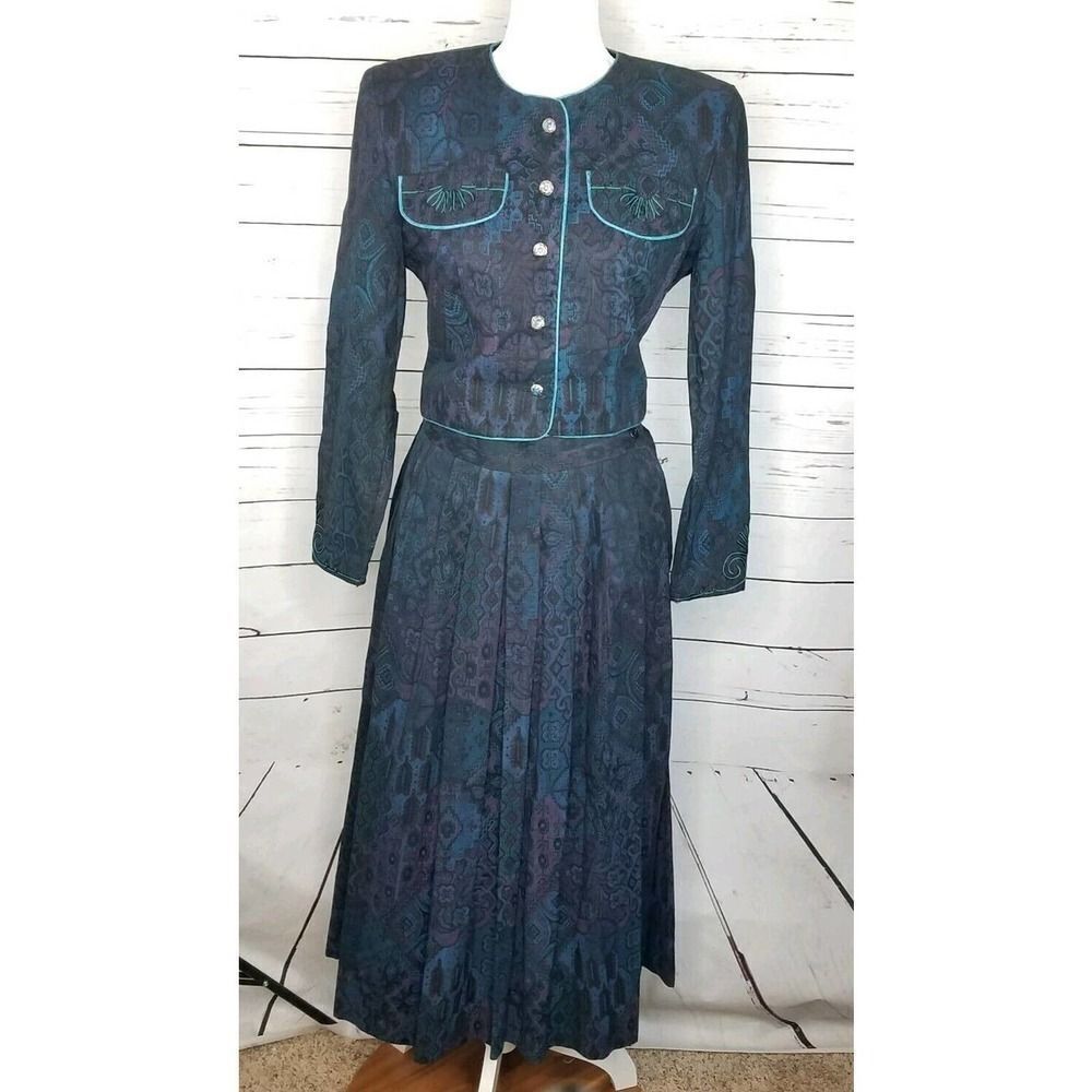 Vintage Leslie Lucks Blue Purple Aztec Print Cropped Western 2pc Skirt Suit 8